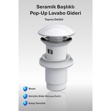 Ahes Seramik Pop-Up Lavabo Gideri | Taşma Delikli Parlak Beyaz | Üniversal Sızdırmaz Somunlu