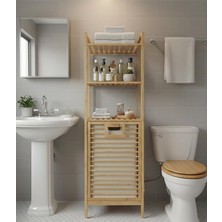 Herovia Doğal Bambu Kirli Çamaşır Sepeti ve 3 Raflı Banyo Düzenleyici Dolap Organizer