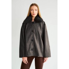 Ribana Classic Kadın Kürk Yaka Desenli Dökümlü Oversize Kalıp Ceket D99841