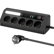Epilons Tcx 5’li Akım Korumalı Priz 2500W | 2 USB + 2 Type-C Hızlı Şarj | LED Gece Lambalı | Dokunmatik Siyah