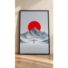 Kırmızı Güneş ve Karlı Dağ Manzarası Minimalist Motivasyon Temalı Dekoratif Duvar Tablosu (Çerçeve Seçenekli)