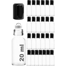 Ceylan Adam 20 ml Çelik Roll On Şişesi 20 cc Sızdırmaz Siyah Kapaklı Cam Şişe 25 Adet (Şeffaf, 20)