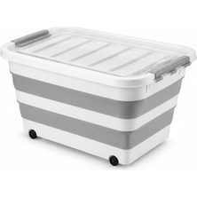Tr Tekerlekli Katlanır Saklama Kutusu, 30 L, Klipsli Kapak, Gri ve Beyaz, 52,5 × 39 × 26 cm