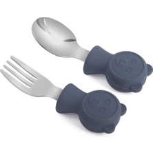 Ceylan Adam 304 Çelik Panda Bebek Kaşık Çatal Seti, Bpa Içermez, Ergonomik, Kaymaz, Lacivert