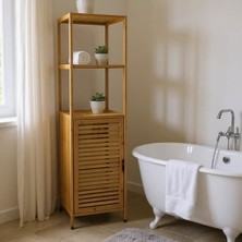Ceylan Adam Bambu 3 Raflı Kapaklı Doğal Ahşap Banyo Dolabı