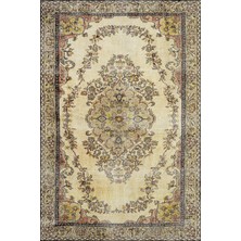 Bespoky Krem Eskitme Desenli Salon Halısı Yıkanabilir Kaymaz Tabanlı Klasik Dijital Baskı