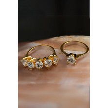 Crystal Diamond Zirconia 14 Ayar Altın Kaplama Işıklı Kutuda Beştaş ve Tektaş Yüzük