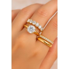 Crystal Diamond Zirconia 14 Ayar Altın Kaplamalı , Tektaş,tamtur, Kalın Tamtur ve Alyans Yüzük Kombin