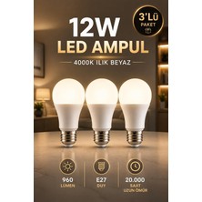 Tr 12W LED Ampul, E27 Duy, 4000K Ilık Beyaz, 960 Lümen, 3'lü Paket