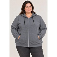 Battal Büyük Beden Üç Iplik Içi Şardonlu Kapüşonlu Tam Fermuarlı Kışlık Sweatshirt - Füme