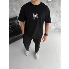 Unisex Bisiklet Yaka Baskılı Oversize T-Shirt - Siyah