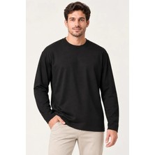 Erkek Modal Yumuşak Dokulu Bisiklet Yaka Uzun Kollu Tişört Sweatshirt - Siyah