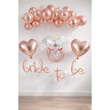 Şanal Patladı Gitti Bride To Be El Yazısı, Tek Taş Yüzük ve Kalp Folyo Balonlu Rose Gold Set