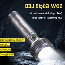 Şanal LED El Feneri, 50W Güç, Pilli ve Şarj Edilebilir, Metal Gövde