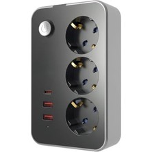 Şanal Babilden 0,1 Metre Termal Akım Korumalı 3'lü Priz Çoklayıcı, 1 USB 2 Type-C Girişli 4000W Üçlü Dönüştürücü Uzatma Kablosu 3 Adet Anahtarlı Giriş Masaüstü Duvar Çoklu Prizi