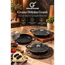 6'lı Granit Sahan Seti Cam Kapaklı Döküm Siyah 18-20-22 cm