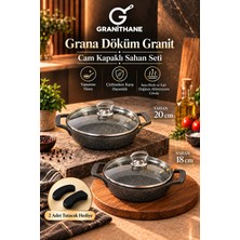 Grana Döküm Granit Cam Kapaklı 2'li Sahan Seti 18 cm ve 20 cm Siyah Yapışmaz Yüzeyli Çift Kulplu 2 Adet Silikon Tutacak Hediyeli