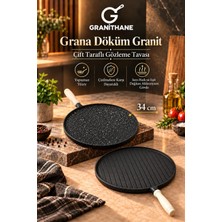 Grana Döküm Granit 34 cm Çift Taraflı Gözleme Tavası Siyah Yapışmaz Yüzeyli Ahşap Saplı Düz ve Izgaralı