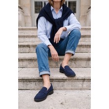 Marjin Kadın Loafer Günlük Klasik Ayakkabı Casual Makosen Fonle Lacivert Süet