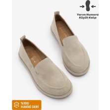Marjin Kadın Hakiki Deri Loafer Maskülen Dikiş Detaylı Günlük Ayakkabı Zinley Bej Süet