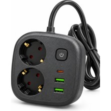 Smayling Akım Korumalı Çoklu Priz 2 Metre Kablolu 2'li Topraklı Priz 2 USB ve 1 Type-C Girişli Açma Kapama Düğmeli Siyah