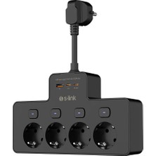 S-Link PRZ08 Siyah 4 Soketli 15CM 1 USB 2 Type-C PD20W Tam Bakır Kablolu Akım Korumalı Priz