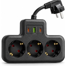 Smayling 3'lü Akım Korumalı Çoklu Priz 2 Type-C 1 USB Girişli 10 cm Kablolu Çocuk Korumalı Siyah Priz