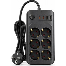 Smayling Akım Korumalı 6'lı Priz 2 Metre Kablolu 2 USB 2 Type-C Çıkışlı 16A 4000W Çocuk Korumalı Anahtarlı Siyah Çoklu Priz