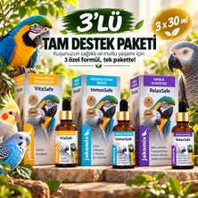 Jakomix 3’lü Tam Destek Paketi – Muhabbet Kuşu, Sultan Papağanı ve Jako Için Tüy, Bağışıklık ve Sakinlik Desteği – Vitasafe + Immunsafe + Relaxsafe 3X30 ml