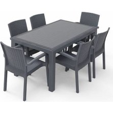 Violet Rattan Masa Takımı Antrasit Renkli 90x150 Camlı Dikdörtgen Masa ve 6 Kişilik Rattan Sandalye Seti