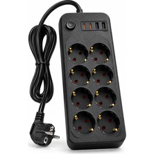 Smayling 8'li Akım Korumalı Çoklu Priz 2 Metre Kablolu 2 Usb-A 2 Type-C Girişli 4000W 16A Anahtarlı Siyah Uzatma Prizi