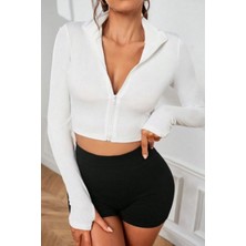 Prag Kadın Beyaz Fermuarlı Uzun Kollu Parmaklık Detaylı Dik Yaka Crop Top Bluz