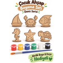 212toyzz 6'lı Ahşap Boyama Figürleri Deniz Serisi Akrilik Boya ve Fırça Hediyeli Eğitici Hobi Seti