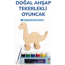 212toyzz Ahşap Dinazor Oyuncak Doğal El Yapımı Boyanabilir Eğitici Oyuncak+6'lı Boya Seti Hediye