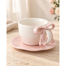 Valkyrie Ribbon Serisi 2 Parça 380 ml Pembe Fiyonklu Tabaklı Çay Kahve Kupa Fincan Seti