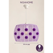 Nga Home Ngahome Ponponlu Çocuk Odası Avizesi 30 cm | Metal Kafes, Tüllü, E27 Duy Dekoratif Sarkıt - Mor
