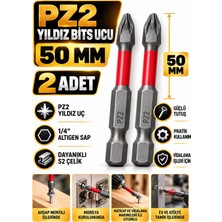 RUFT PRO Pz2 Yıldız Bits Uç 50 mm 2 Adet S2 Çelik 1/4 Inç Altıgen Şaftlı Tornavida Vidalama ve Sökme Ucu