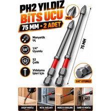 RUFT PRO Ph2 Yıldız Bits Uç 75 mm 2 Adet Mıknatıslı S2 Çelik 1/4 Inç Altıgen Şaftlı Vidalama Ucu
