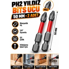 RUFT PRO Ph2 Yıldız Bits Uç 50 mm 2 Adet Mıknatıslı S2 Çelik 1/4 Inç Altıgen Şaftlı Vidalama Ucu