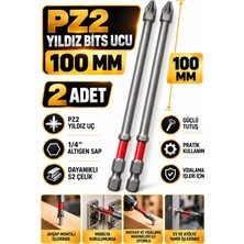 RUFT PRO Pz2 Yıldız Uzun Bits Uç 100 mm 2 Adet S2 Çelik 1/4 Inç Altıgen Şaftlı Tornavida Vidalama Ucu