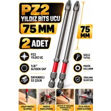 RUFT PRO Pz2 Yıldız Bits Uç 75 mm 2 Adet S2 Çelik 1/4 Inç Altıgen Şaftlı Tornavida Vidalama ve Sökme Ucu