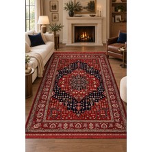 Hann Home Collection Şahmar Etnik Geometrik Desenli Kırmızı Lacivert Salon Oturma Odası Halısı Robot Süpürge Uyumlu Kolay
