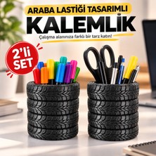 Piyatech 2'li Araba Lastiği Tasarımlı Kalemlik Seti – Dekoratif Masaüstü Organizer, Ofis ve Çalışma Masası Kalem Tutucu, Siyah
