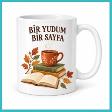 Defne Store Bir Yudum Bir Sayfa Kitap ve Kahve Temalı Porselen Kupa - Sonbahar Tasarımı - Model 257 Dfnbez
