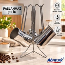 Abnturk 304 High Quality Paslanmaz Çelik 3\'lü Cezve Takımı-Asma Standlı Metal Kulplu Şık Kullsnışlı 4 Parça Cezve Takımı