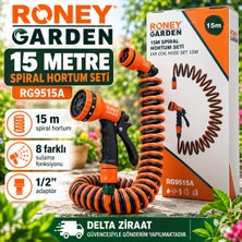 Roney Garden 15 Metre Spiral Hortum Seti 8 Fonksiyonlu Sulama Tabancası ve 1/2” Adaptör