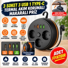 Eseno Select 3 Adet Soket,3 Adet USB ve 1 Adet Type-C Girişli Termal Akım Korumalı Makaralı Priz 3395