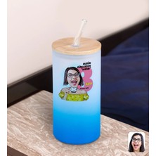 Bk Gift Kadınlar Gününe Özel Karikatürlü Mavi Renk Pipetli Buzlu Cam Bardak 600ML - 2, 8 Mart Kadınlar Günü
