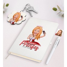 BK Gift Kişiye Özel Pamuk Prenses Karikatürlü Beyaz Defter Kalem ve Anahtarlık Hediye Seti-3