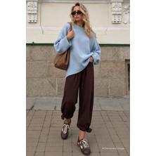 Madmext Bebe Mavisi Bisiklet Yaka Oversize Uzun Kadın Triko Kazak MG2890